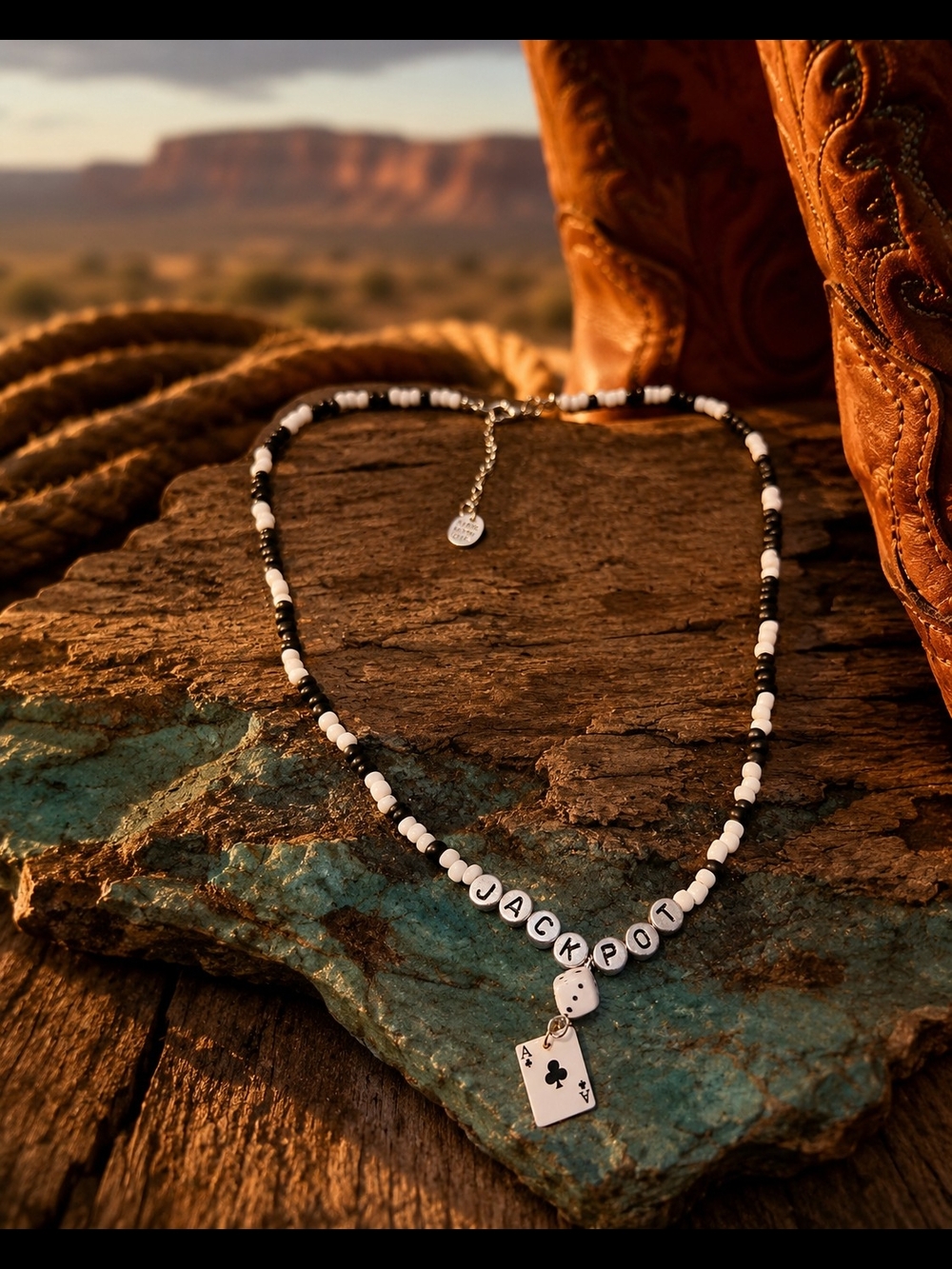 Jackpot Black & White Beaded Necklace with Card Charm